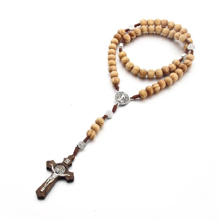 Handmade Wood Rosary Catholic Necklaces Men Cross Prayer Religious Jewelry Gift