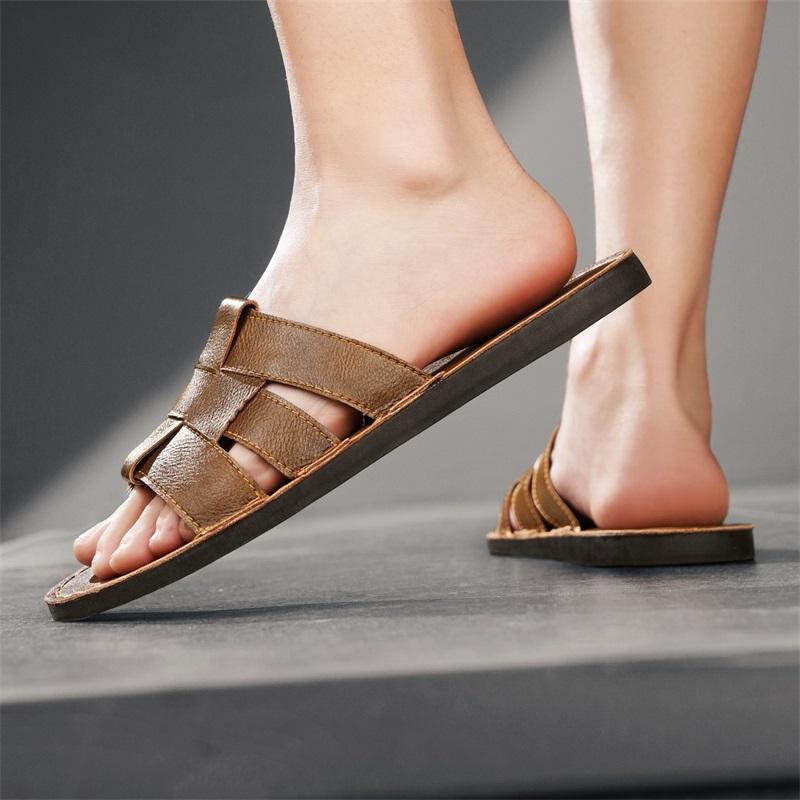 Men Slippers Handmade Simple Flats Brown Leather Sandals Black Summer Roman Sandals Open Toe Beach Shoes Plus Size