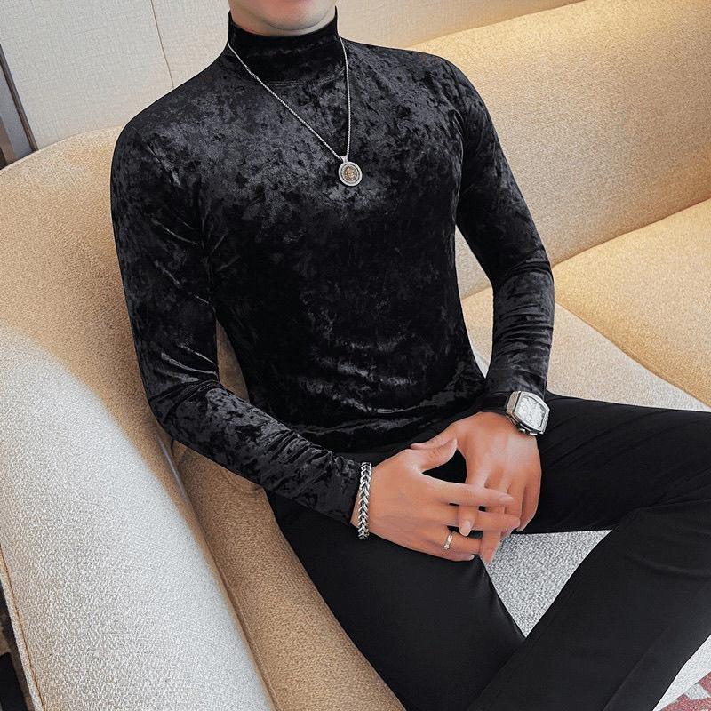 Moda Coreana Uomo Magliette in Velluto Primavera Autunno Collo Alto Solido Tendenza Versatile Manica Lunga Pullover Ampi Maglia Intima Top