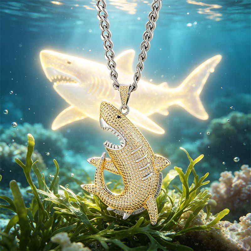 Collana Pendente Squalo DAXI Unisex alla Moda con Pieno Pavé di Diamanti e Catena a Maglia Cubana - Gioielli Hip Hop che Non Sbiadiscono