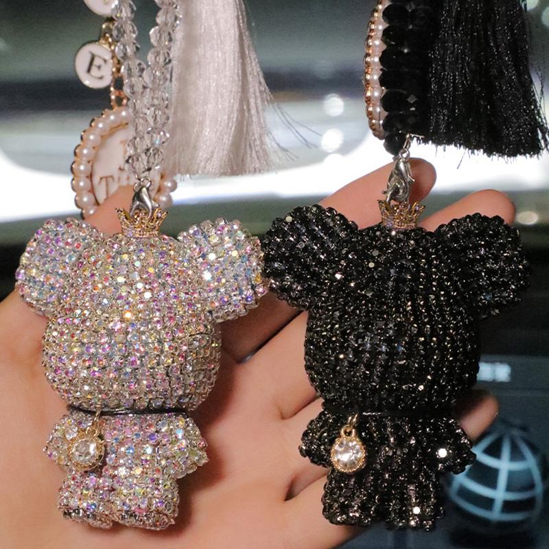 Fashion Crystal Cartoon Gloomy Bear Car Hanging Ornaments Rhinestone Tassels Crystal Pendant Rear View Mirror Car Decoration