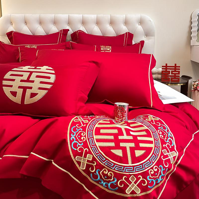 Skin Friendly Cotton Brushed Wedding Embroidery 4-piece Set, Big Red Wedding Bed 4-piece Set, Modern Style Wedding 4-piece Set