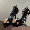 Women's Fashion Bag Heel Sandals Summer New Square Head Open Toe Metal Flower Anti-slip Wear-resistant Stiletto Heels