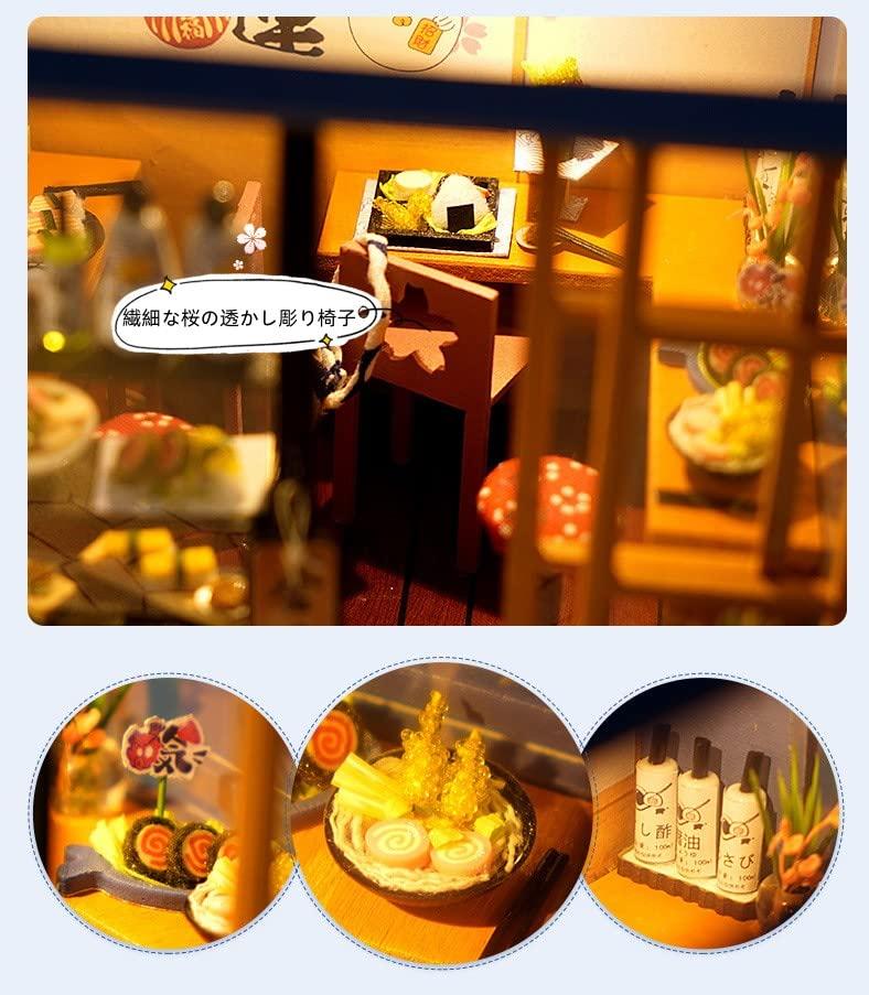 DIY Wooden Dollhouse Miniature House Sushi Restaurant Handmade Kit Set for Japanese Style Miniature Collection Kit Dollhouse with LED Lights