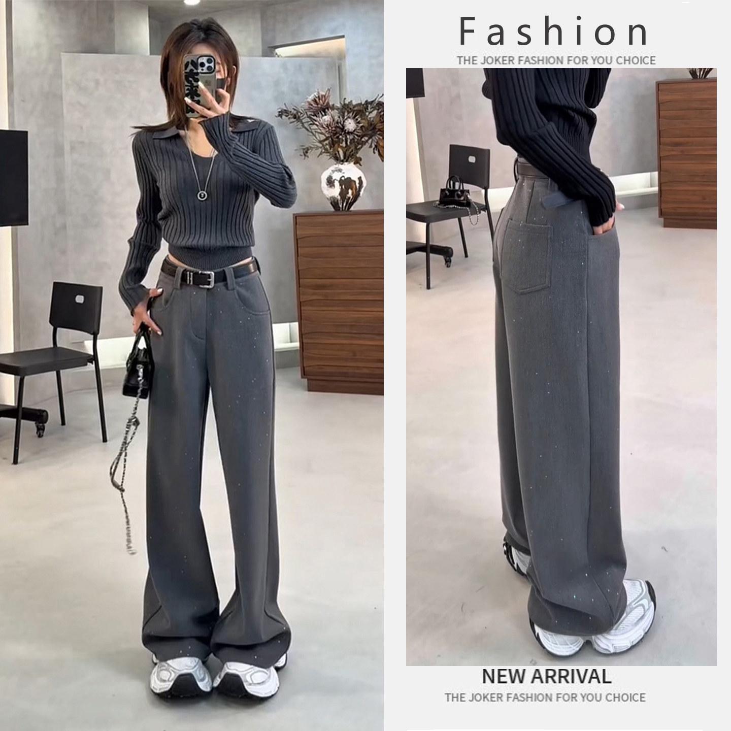

2026 Trendy Grey Plus Size High-Waisted Straight Wide-Leg Drape Trousers L (Recommended 53-58 kg)
