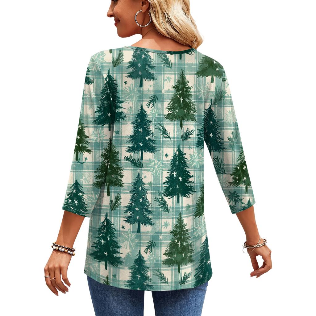 Women's Christmas Print V-Neck Three-Quarter Sleeve Casual Shirt for Holiday