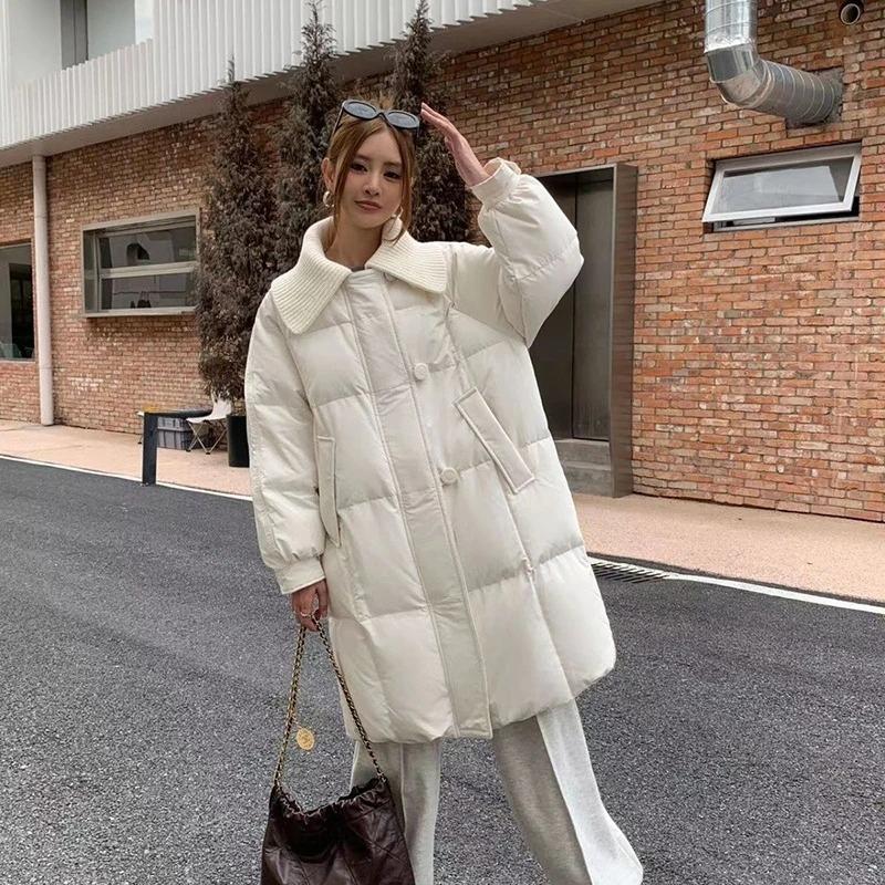 Fashion Lapel Mid-Length Down Jacket Women Winter Windproof Warm Zip Up Parkas Korean Streetwear Long Quilted