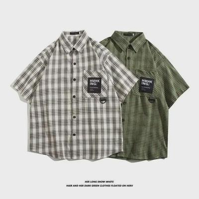 Trendy Men's Japanese Plaid Five-Point Sleeve Shirt for Summer