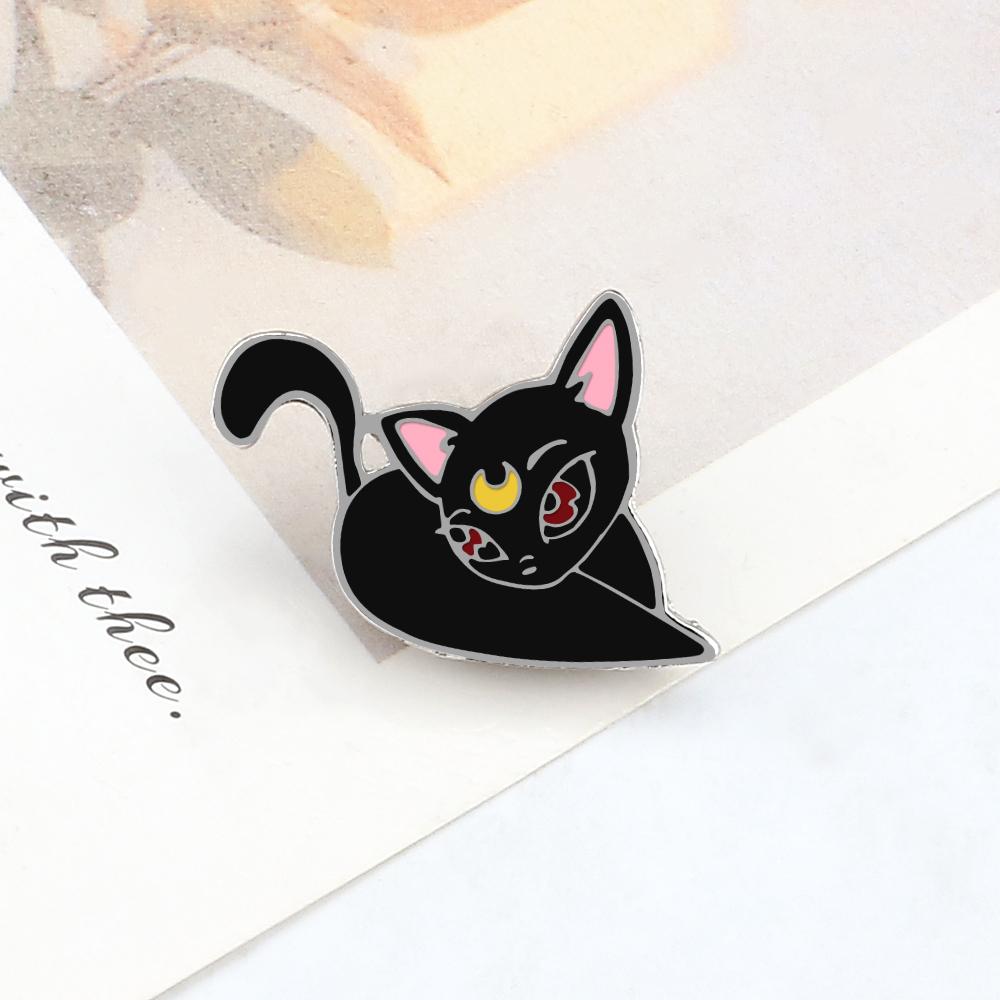 Magical Black Cat Brooch Punk Anime Kitten with Moon Symbol Enamel Pins Cartoon Cute Backpack Lapel Badge for Kids Jewelry Gifts