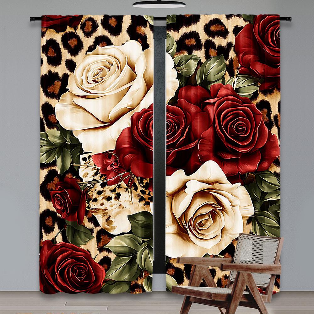 Set Of 2 Leopard Curtain Red White Rose Floral Women Lover Romantic Botanical Bedroom Living Room Dining Curtains Made Polyester Great Window