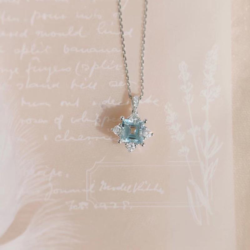 S925 Sterling Silver Aquamarine & Topaz Necklace - Four-Prong Clavicle Chain with French Style for Women, 2021 Design