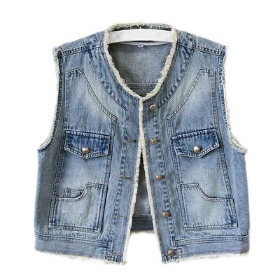 Retro Quasten Raw Edge Kurze Denim Weste Damen Sommer Koreanische Mode Dünne Ärmellose Weste
