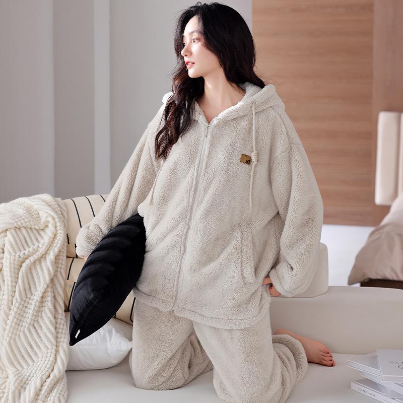 Pajamas Women'S Winter Coral Fleece Thickened Fleece Warm Autumn And Winter Flannel Can Be Worn Outside Hooded Winter Loungewear