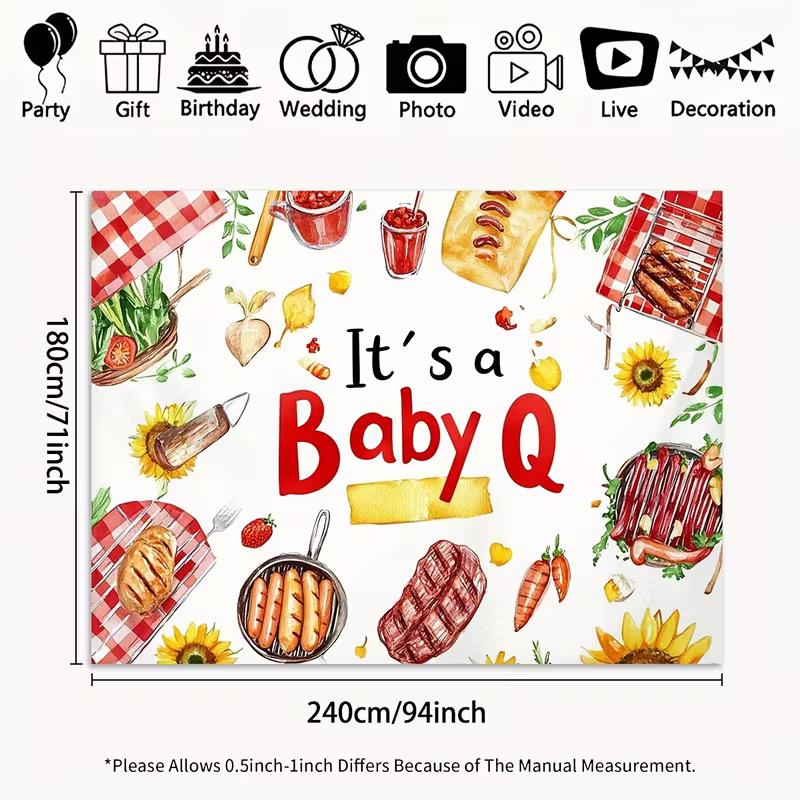 2D Flat Baby Shower Backdrop "It's a Baby Q" Watercolor BBQ Theme Background Cloth