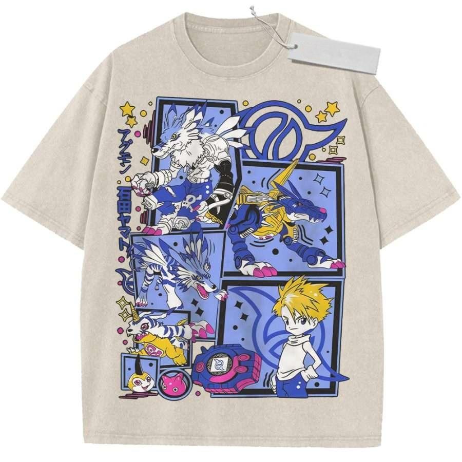 Summer Mens Beige Washed T Shirt Digimon Adventure Agumon Gabumon Takeru High Quality Fabric for Casual Shopping M