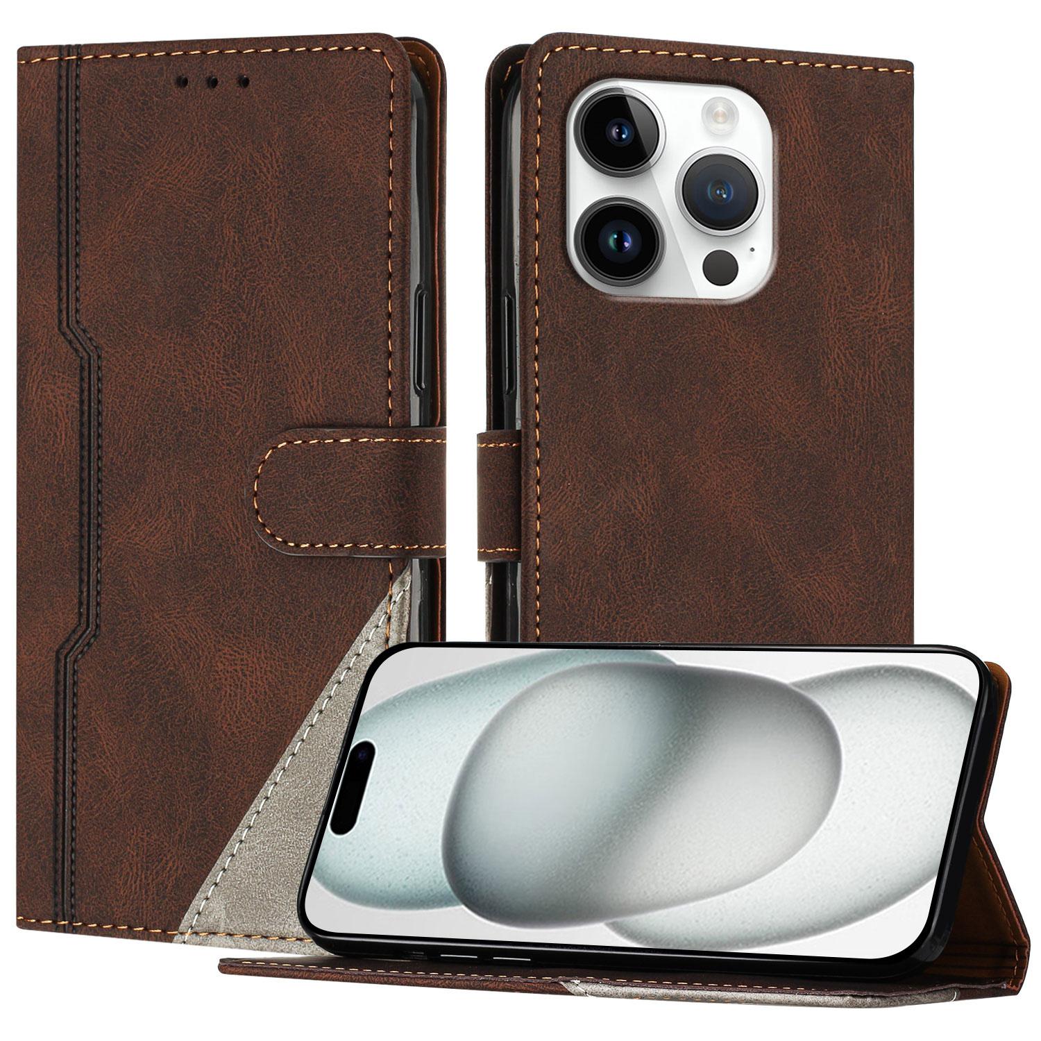 

For iPhone 16 Pro Leather Case Triangle Patchwork Wallet Stand Shockproof Phone Cover Brown