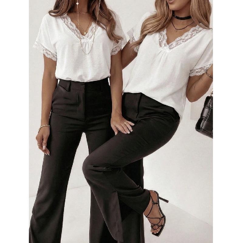 V-neck lace patchwork short-sleeve T-shirt women's summer new loose fashion top