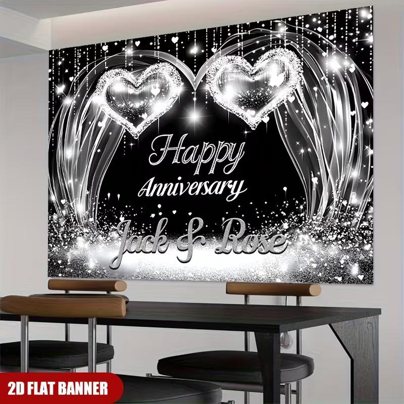 2D Black Silver Glitter Anniversary Backdrop Cloth for Couple Party Photo Booth Background