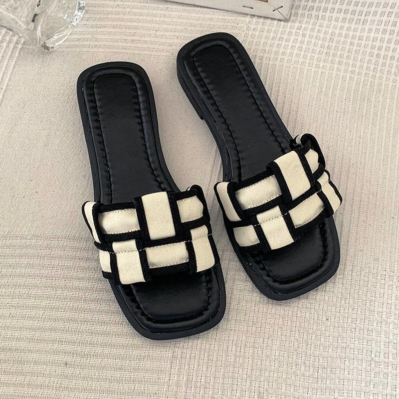 

2024 summer new flat bottom one-word drag fashion home soft bottom French go out beach women s flat bottom cool slippers 35 бежевый