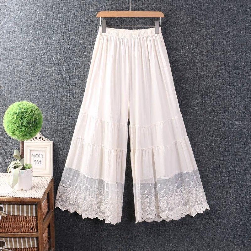 Sweet and Fresh Cropped Pants In Spring and Summer, Loose Oversized Embroidered Patchwork Lace Solid Color Micro Flared Pants