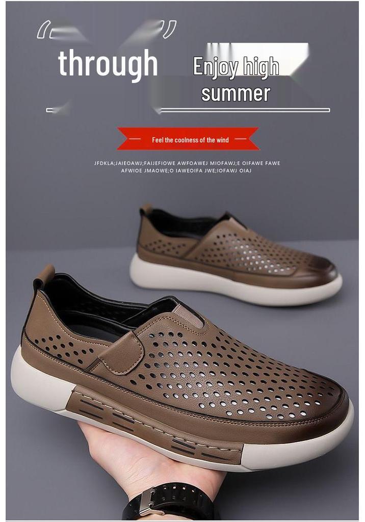 Men's Breathable Leather Slip-On Hollow Casual Sandals