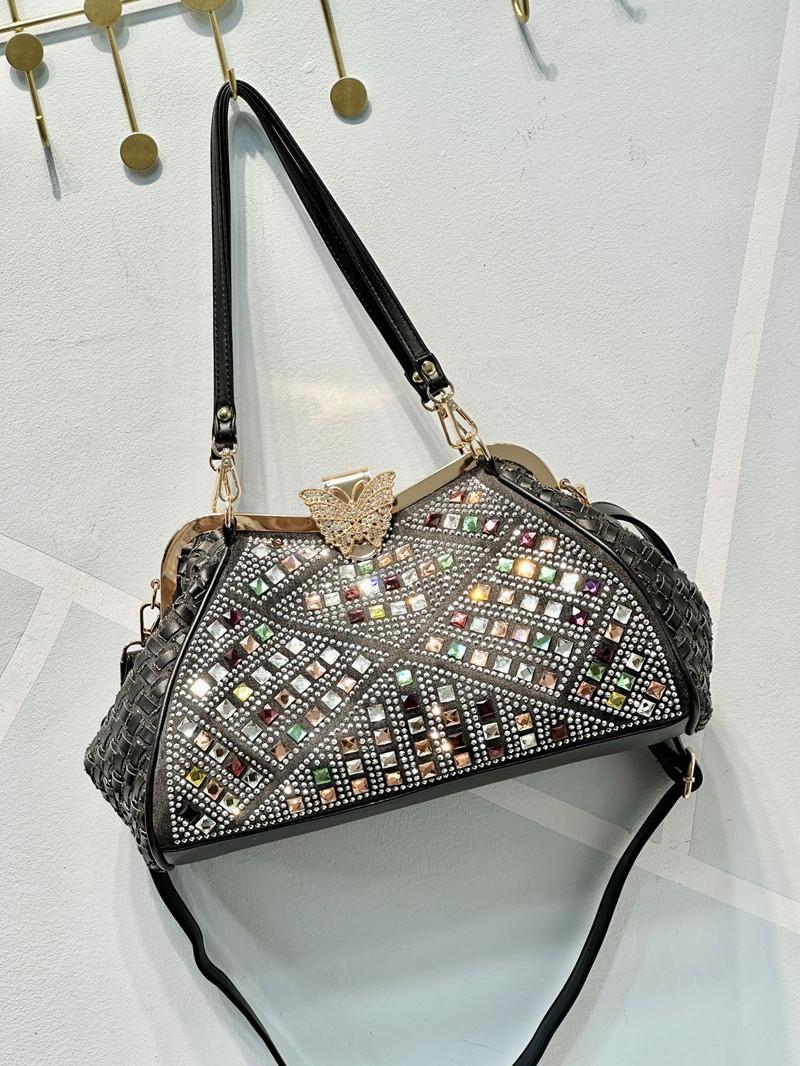 2026 Luxury Newest Big Color Diamond Women s Clip Handbags Fashion Designer Denim Butterfly Buckle Tote Bag High End Banquet Bag чёрный