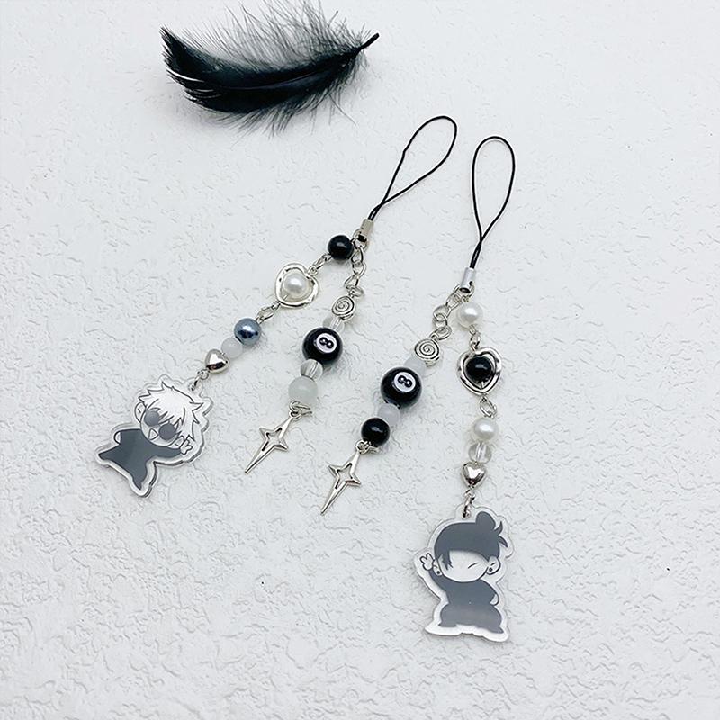 Creative Anime Gojo Geto Phone Lanyard Y2K Black Beaded Cross Phone Chain  Mobile Phone Charm For Fan Gifts