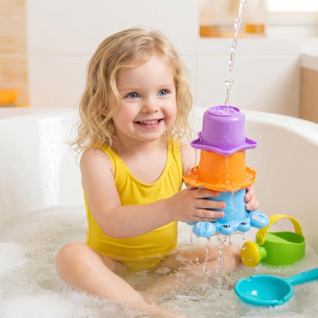 Watering Can and Stacking Cups Bath Toy Set 5 Pieces for Kids Durable Plastic Water Play Set for Indoor and Outdoor Use