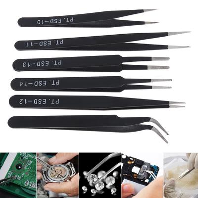 6pcs/set Stainless Steel Tweezers 1.0MM Anti-static Fix Repair Tool Kit for Electronics Jewelry