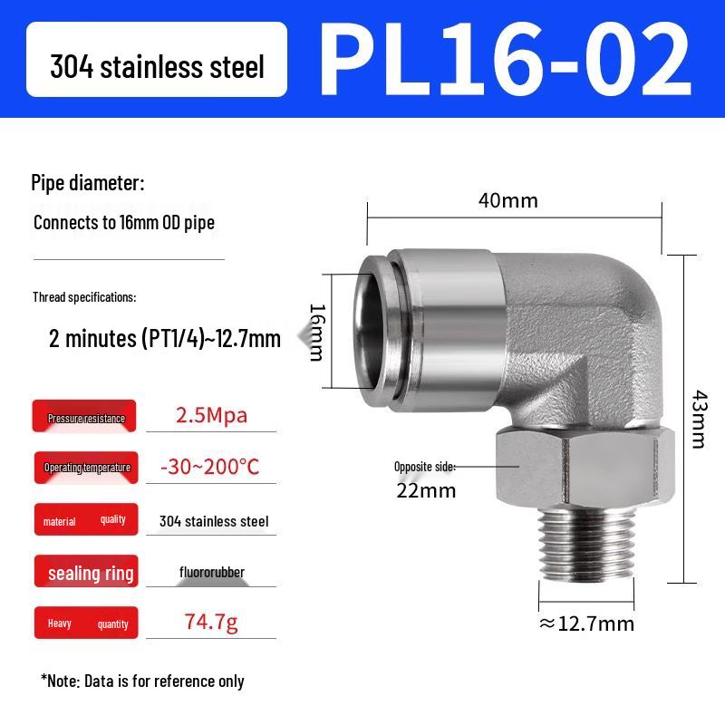 304 Stainless Steel Pneumatic Quick Push-in Connector, PC16-06/PC8-02 Swivel Elbow, PL6-M5/04
