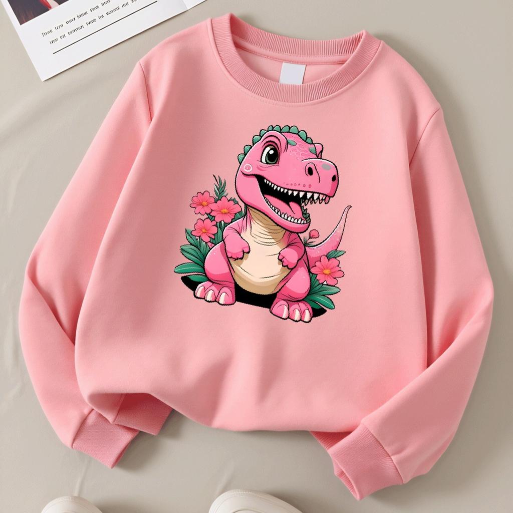 Kids Crewneck Long Sleeve Sweatshirt,Pink Dinosaur With Floral Print