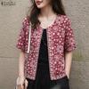ZANZEA Women Retro Print Casual Round Neck Short Sleeve Open Front Cardigan Tops