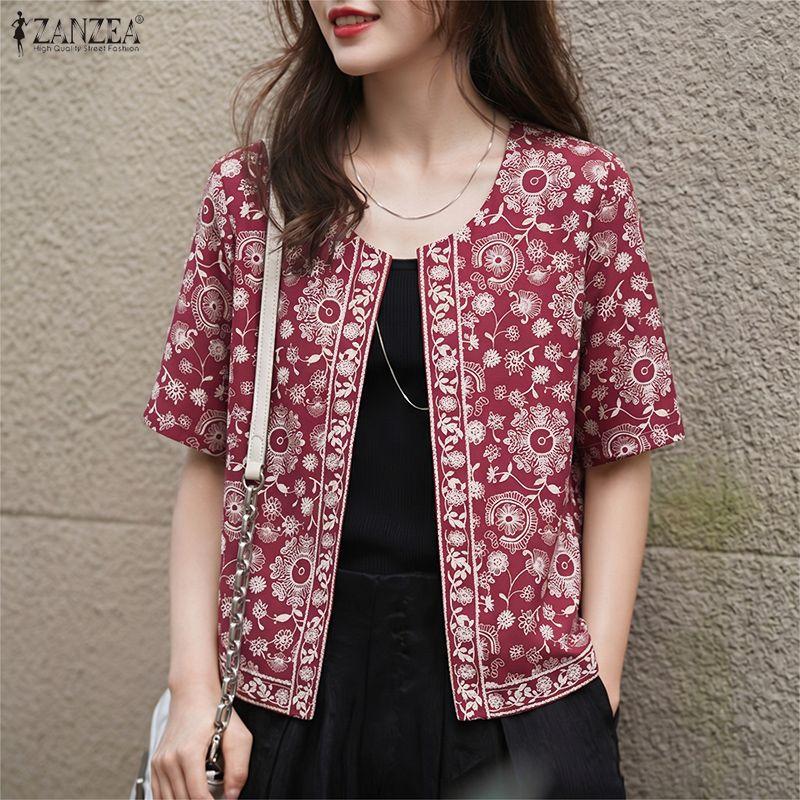 ZANZEA Women Retro Print Casual Round Neck Short Sleeve Open Front Cardigan Tops
