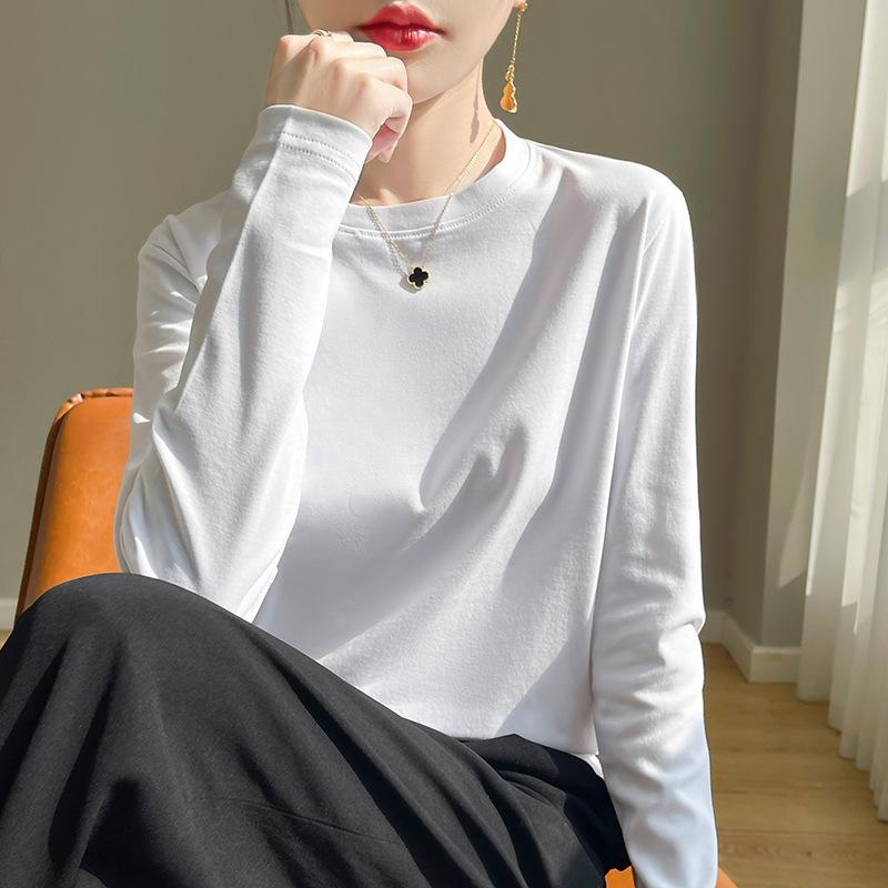 Women's Crew Neck Long Sleeve T-Shirt Regular Fit Elegant Lady Style Mercerized Cotton Solid Color Spring Casual Versatile Basic Layering Top
