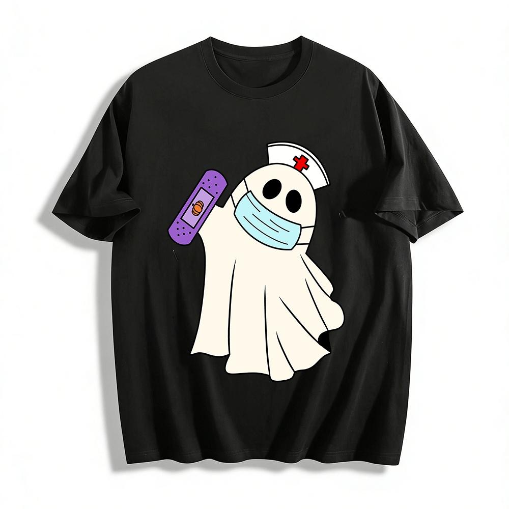 Halloween Nurse Ghost Graphic Tee Fun Holiday Themed Casual Top Pure cotton T-shirt XXS