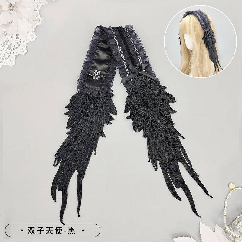 Dark Gothic Angel Wing Hairband - Lace Trim Lolita Headband, Decora Kei/Sweet Dolly/Punk/Jirai Kei for Girls