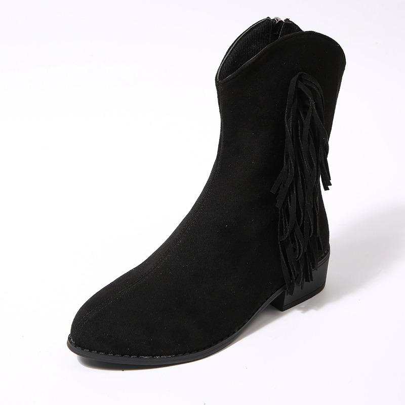 Fringe Boots Women's Winter 2025 New Plus-size British-style Thick-heeled V-mouth Booties