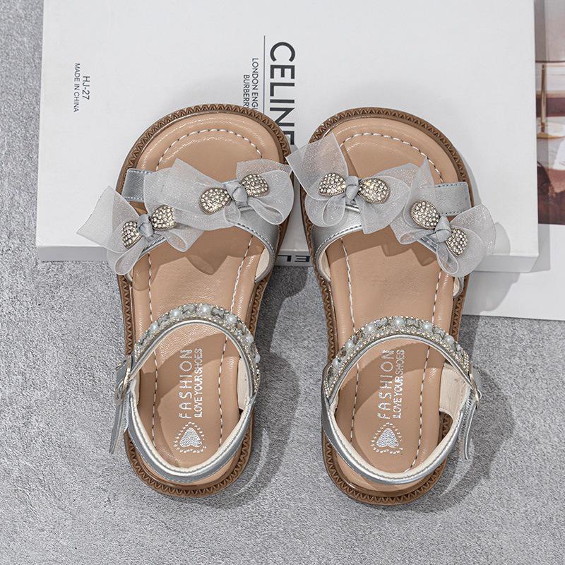 Princess Style Girls  Rhinestone Sandals with Non-slip Soft Sole and Bow - Summer Beach Shoes 29 серебряный