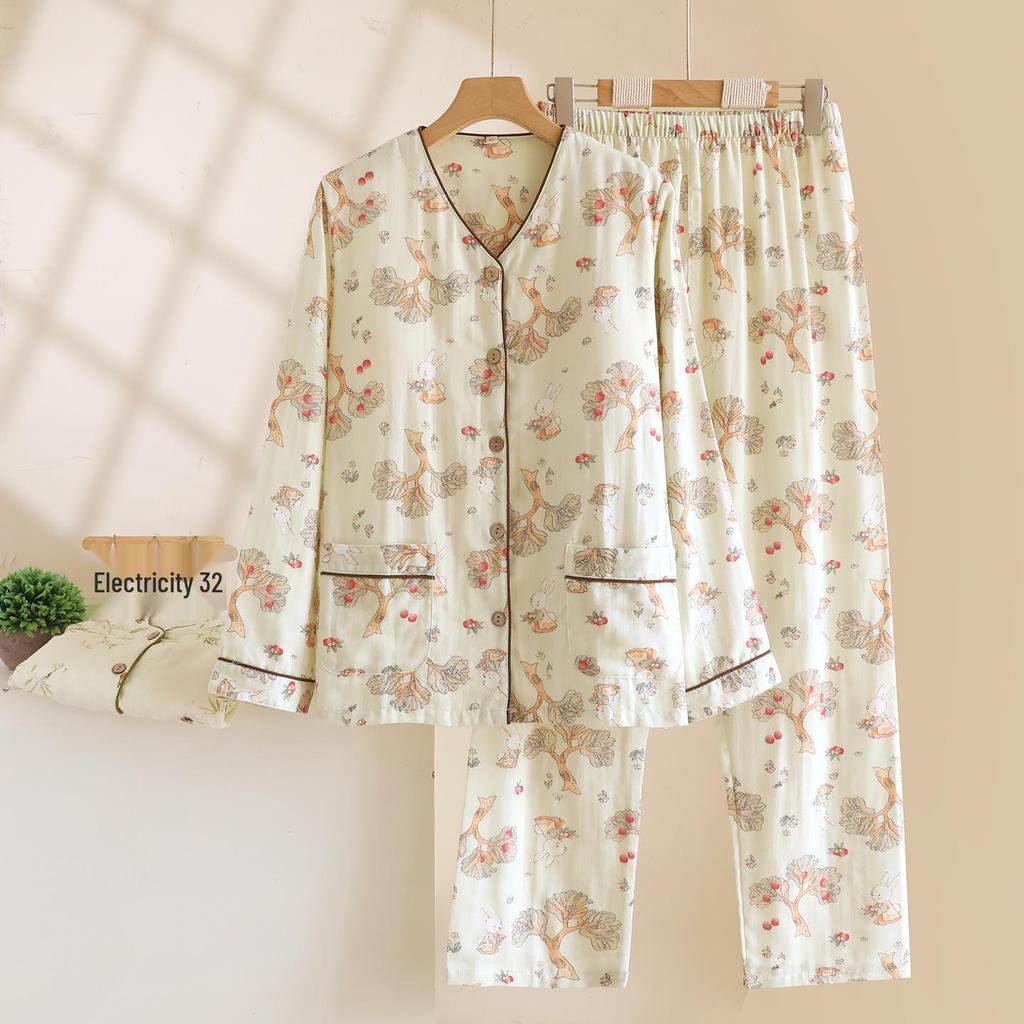 Women's Cotton Pajamas Set with Removable Chest Pads, Long-Sleeve and Pant, Casual Loose Fit for Autumn and Spring. Suitable for Home or Outdoor Wear.