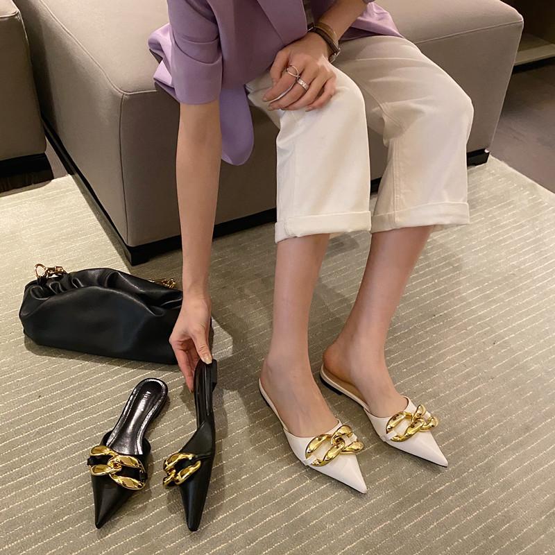 

Iron chain flat bottom pointed slippers women s wear half slippers versatile bag head cool slippers 39 чорний