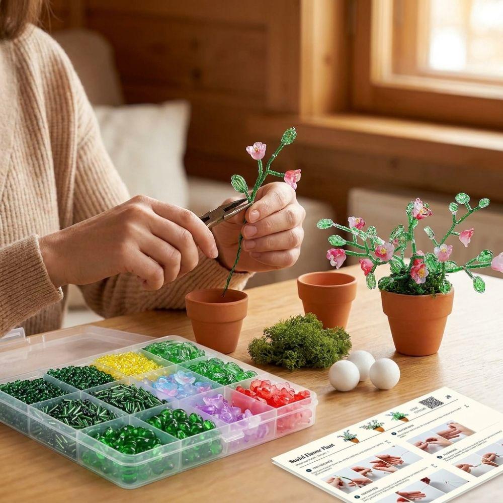 Self-make Beaded Flower Leaf Craft Set Succulent Cactus Glass Bead Floral Craft Box Jewelry Making