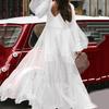 Suer new women's clothing V-neck fashion bubble sleeve mesh see-through dress, long dress