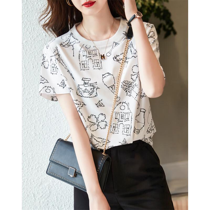 DME Women s Creative Print Round Neck Short Sleeve T-Shirt M