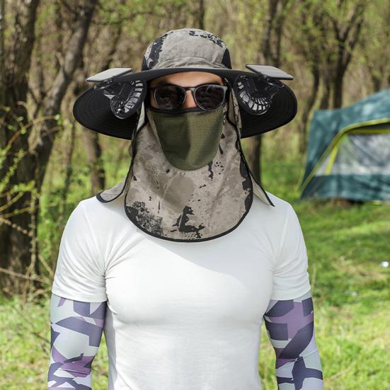 Solar-Ventilator-Hut mit Nackenklappe, LSF 50+, UV-Schutz, Hut mit 2 Solar-Ventilatoren, atmungsaktiv, für Herren, Sommer, Outdoor-Aktivitäten, Angeln, breite Krempe