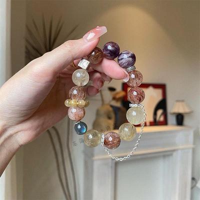 Black Gold Crystal Bracelet: Wealth-Attracting Golden Rutilated Quartz, Purple Phantom, Grey Moonstone Beaded Design.