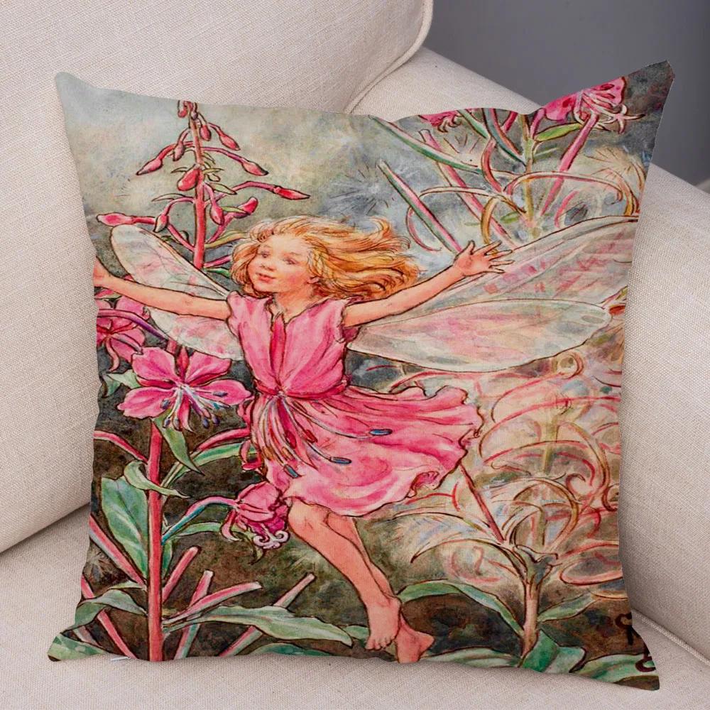 Vintage Cartoon Elfen Kissenbezug Dekor Bunte Märchenwelt Kissenbezug Plüsch Blumenmädchen Kissenbezug für Sofa Zuhause