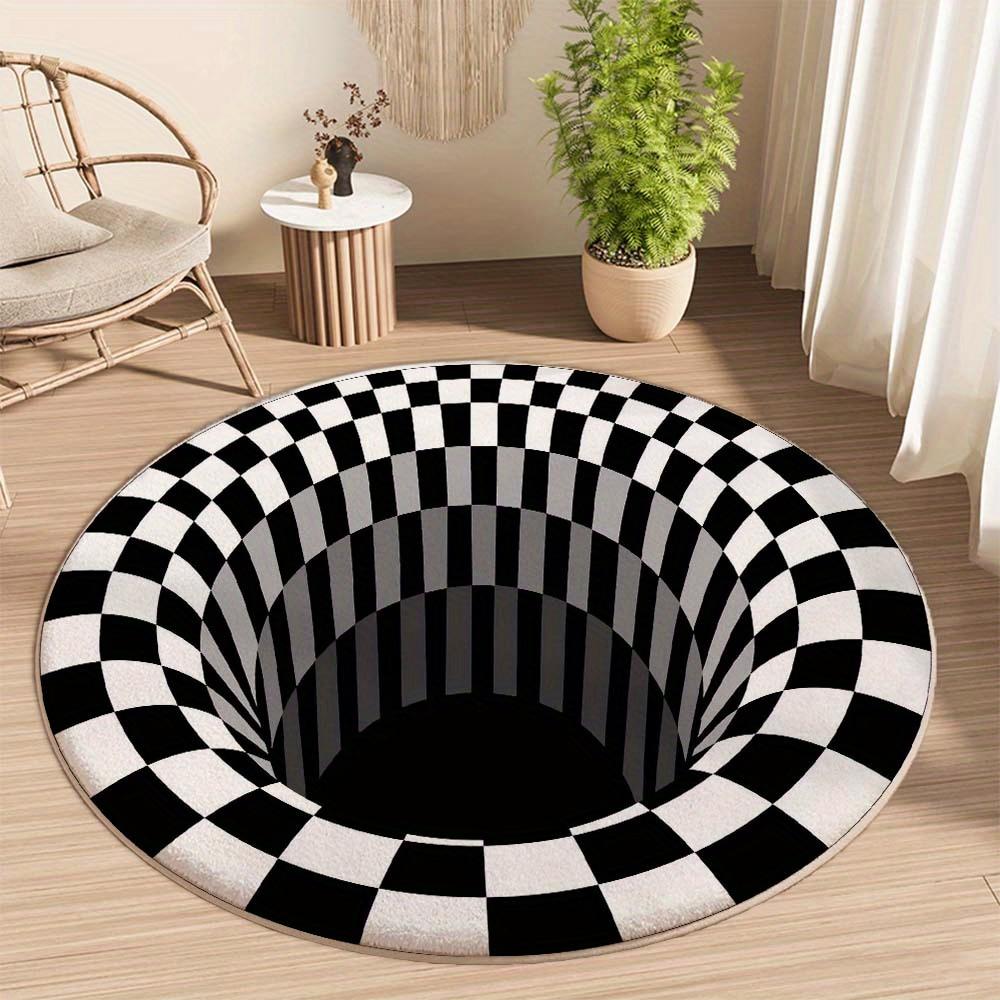 

3D Black and White Checkered Pattern Round Rug, Non-slip Floor Mat for Living Room, Bedroom, Bathroom, Holiday Home Decoration 40x40cm Flannel
