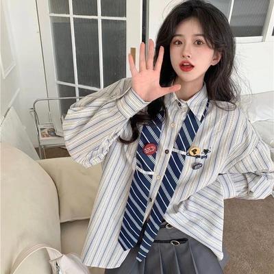 Striped with Tie Shirt for Ladies Summer Autumn Loose Vintage Preppy Style Blouses Cute Parts Student Besties Clothes