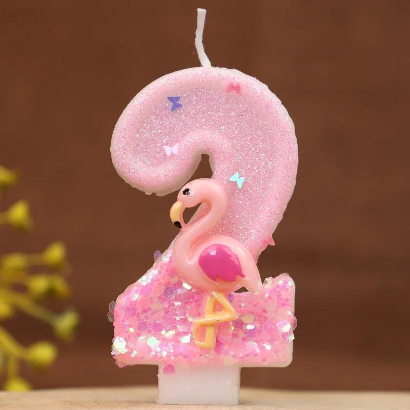 Pink Glitter Birthday Number Candles Flamingos 1 Year Baby Birthday Cake DecorationsBirthday Candle Pink Creative Girl Party