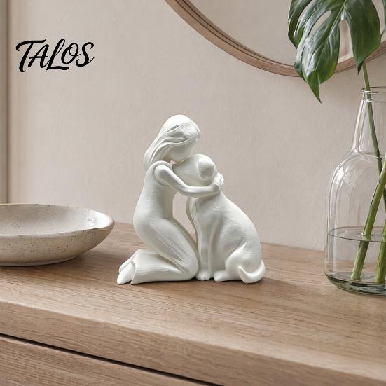 Durable 3D Printed Sculpture Girl with Dog Figurine Ornament, Minimalist Squatting Pose Human Statue Sculpture, Healing Pet & Decoration, Gift